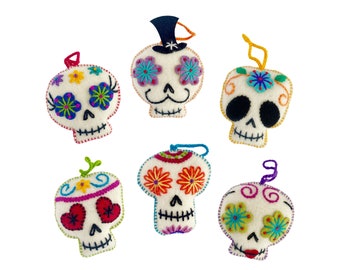 Sugar Skull Ornament Set, Día de los Muertos - Day of the Dead, Embroidered Wool, Fair Trade from Peru