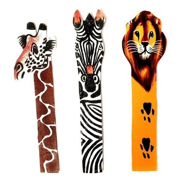 African Animal Leather Bookmark Safari Set - Fair Trade Giraffe, Lion and Zebra