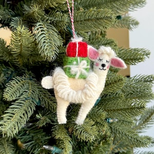Llama with Presents Christmas Ornament - Felt Wool Fair Trade Holiday Decor Handmade in Nepal