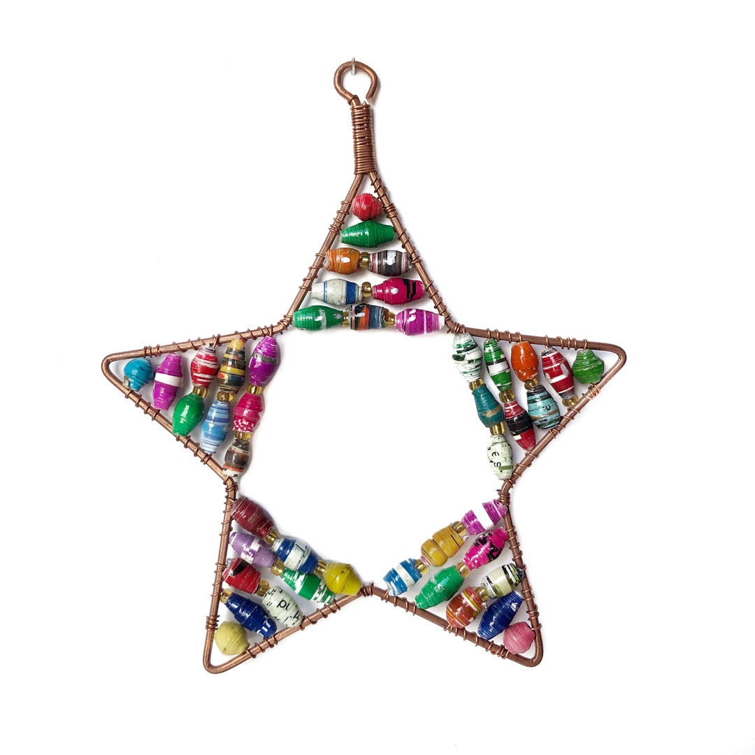 Paper Bead Star Christmas Ornament Multicolor Fair Trade Recycled Handmade in Uganda, East