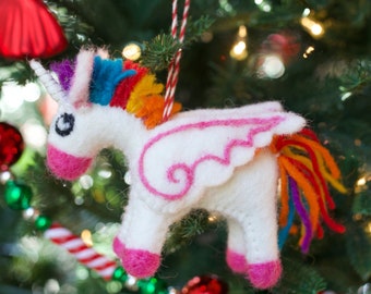 Unicorn Ornament, Felt Wool Fair Trade Christmas Decor Handmade in Nepal