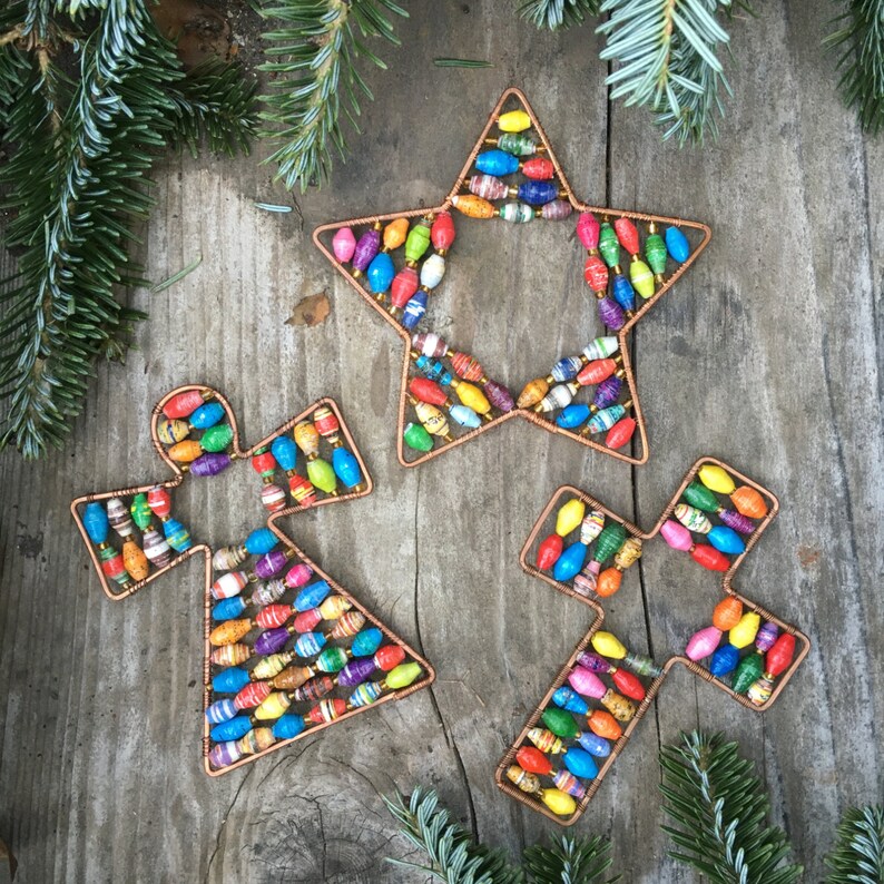 Multicolor Recycled Handmade Fair Trade in Africa Paper Bead Cross Christmas Ornament