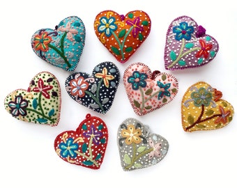 12 Pack Colorful Hearts Christmas Ornament Set - Flowers and Dots - Embroidered Wool - Peru Artisan Fair Trade