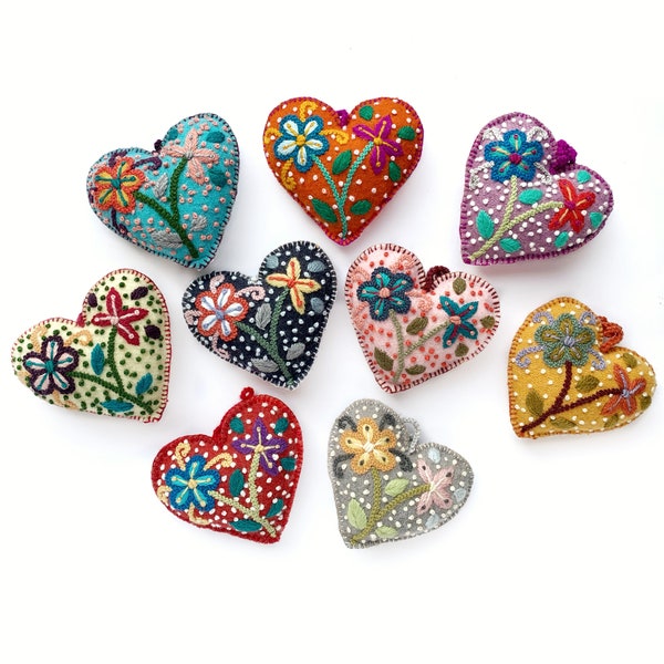 12 Pack Colorful Hearts Christmas Ornament Set - Flowers and Dots - Embroidered Wool - Peru Artisan Fair Trade