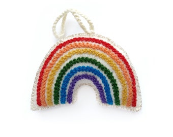 Rainbow Ornament, Bright Embroidered Wool Christmas Decor Handmade in Peru