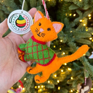 Cat in Sweater Christmas Ornament - Felt Wool Fair Trade and Handmade in Nepal