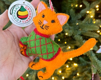 Cat in Sweater Christmas Ornament - Felt Wool Fair Trade and Handmade in Nepal