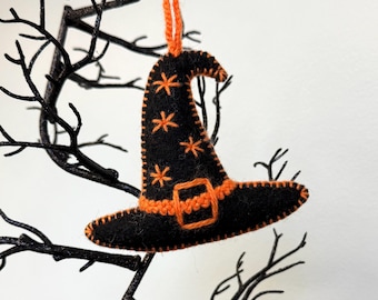Witch Hat Halloween Ornament - Fair Trade Embroidered Wool Holiday Decor Handmade in Peru