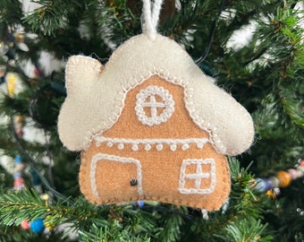 Gingerbread House Christmas Ornament, Embroidered Wool, Fair Trade Handmade in Peru