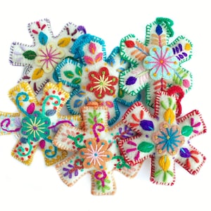 Snowflake Rainbow Ornament Set, Variety 6 Pack, Embroidered Wool, Fair Trade from Peru