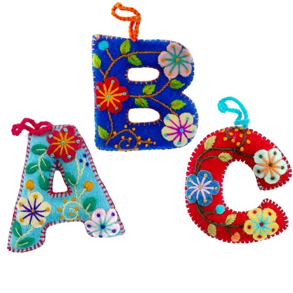 Colorful Letter - Embroidered Wool Ornament Alphabet Initials ABCs Handmade in Peru, Assorted Colors Fair Trade