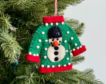 Ugly Christmas Sweater Snowman Ornament - Felt Wool Fair Trade Handmade Nepal