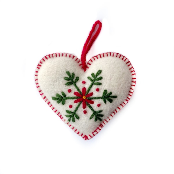 White Heart Christmas Ornament, Fair Trade Embroidered Wool Christmas Decor Handmade in Peru