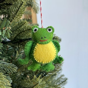 May include: A green felt frog ornament with yellow felt belly and black eyes. The frog is hanging from a red and white string on a green Christmas tree.