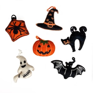 Classic Halloween Ornament Set - Embroidered Wool Holiday Decor, Fair Trade Handmade in Peru
