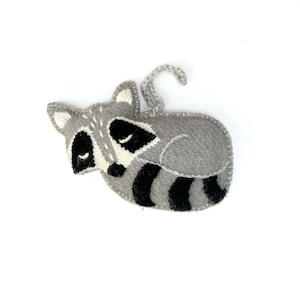 Sleeping Raccoon Ornament, Fair Trade Embroidered Wool Christmas Decor Handmade in Peru