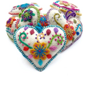 White Heart Ornaments, Multicolor Embroidered Wool Christmas Decor Fair Trade from Peru