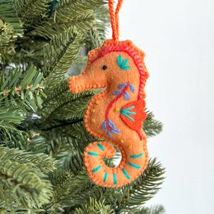 Seahorse Ornament, Fair Trade Embroidered Wool Christmas Decor Handmade in Peru
