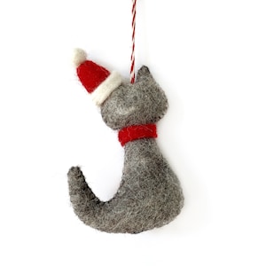 Cat in Christmas Hat Felt Wool Fair Trade Handmade Cat Christmas Ornament image 3