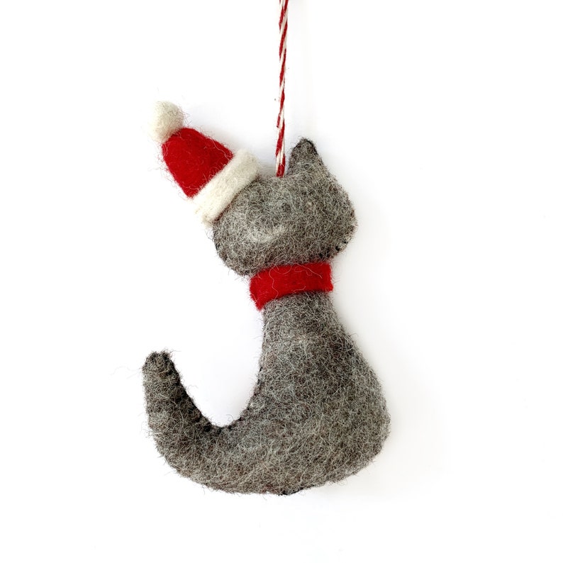 Cat in Christmas Hat Felt Wool Fair Trade Handmade Cat Christmas Ornament image 3