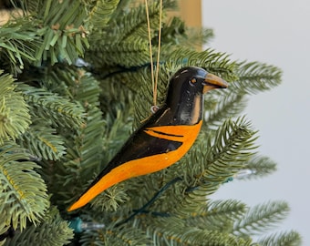 Baltimore Oriole Ornament - Hand Carved Wood Bird Christmas Decor from Kenya, East Africa