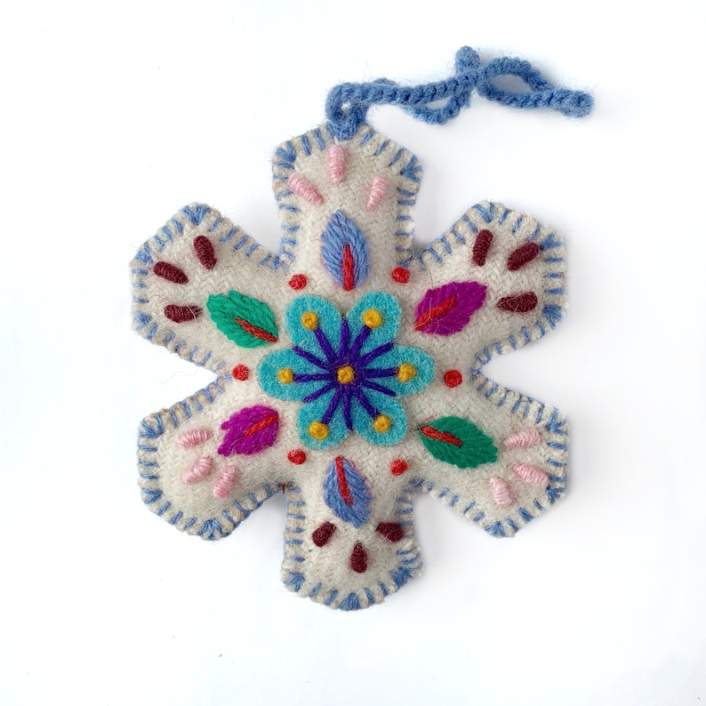 Snowflake Christmas Ornament Set, Multicolor Variety 12 Pack Embroidered Wool Fair Trade Handmade in Peru image 5