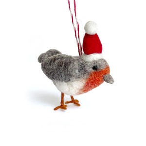 Tufted Bird in Santa Hat Ornament - Fair Trade Christmas Robin Handmade in Nepal