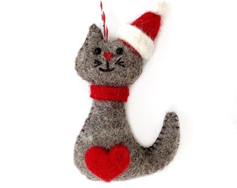 Cat in Christmas Hat - Felt Wool Fair Trade Handmade Cat Christmas Ornament