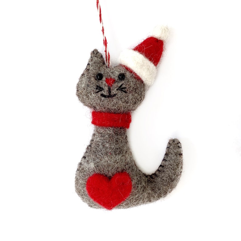 Cat in Christmas Hat Felt Wool Fair Trade Handmade Cat Christmas Ornament image 1