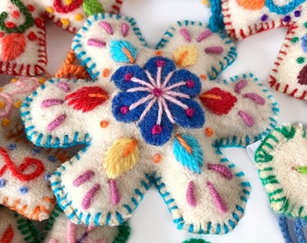 Snowflake Embroidered Wool Christmas Ornament, Mulitcolor - Handmade Peru Artisan Fair Trade