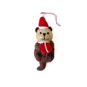 Otter in Santa Hat Ornament - Felt Wool Fair Trade Christmas Decor Handmade in Nepal