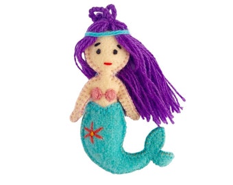 Mermaid Ornament, Fair Trade Embroidered Wool Christmas Decor Handmade in Peru