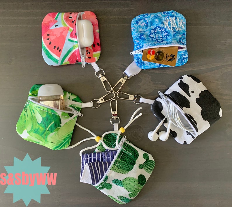 Earbud/ mask/ hand sanitizer/ card holder zipper pouch keychain with optional embroidered monogram 