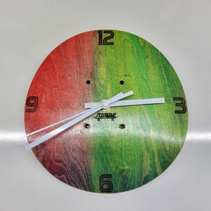 Wall Clock Recycled Skateboard Wood Handmade Laser Engraved Tye Dye Multicolor