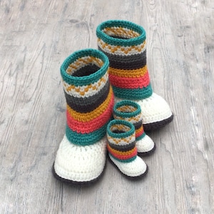 Fair Isle laarsjes/slippers - haakpatroon - mama en ik laarsjes - bijpassende schoenen - 6 maten - babyslofjes - volwassen laarzen - zuidwestelijke laarzen