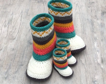 Fair Isle  Booties/ Slippers - Crochet PATTERN- Mommy and Me Booties- Matching Shoes- 6 Sizes-Baby Booties- Adult Boots- Southwestern Boots