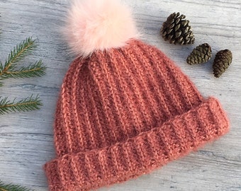 Cuffed Hat with Fur Pom Pom Crochet Pattern/ Ribbed Hat/ Hat with Fur/ Pom Pom Hat/ Ribbed Hat with Fur Pom Pom/ Cuffed Hat Pattern