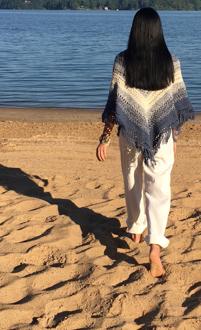 Easy Hippie Poncho Pattern Blue and Cream Boho Poncho Crochet Pattern