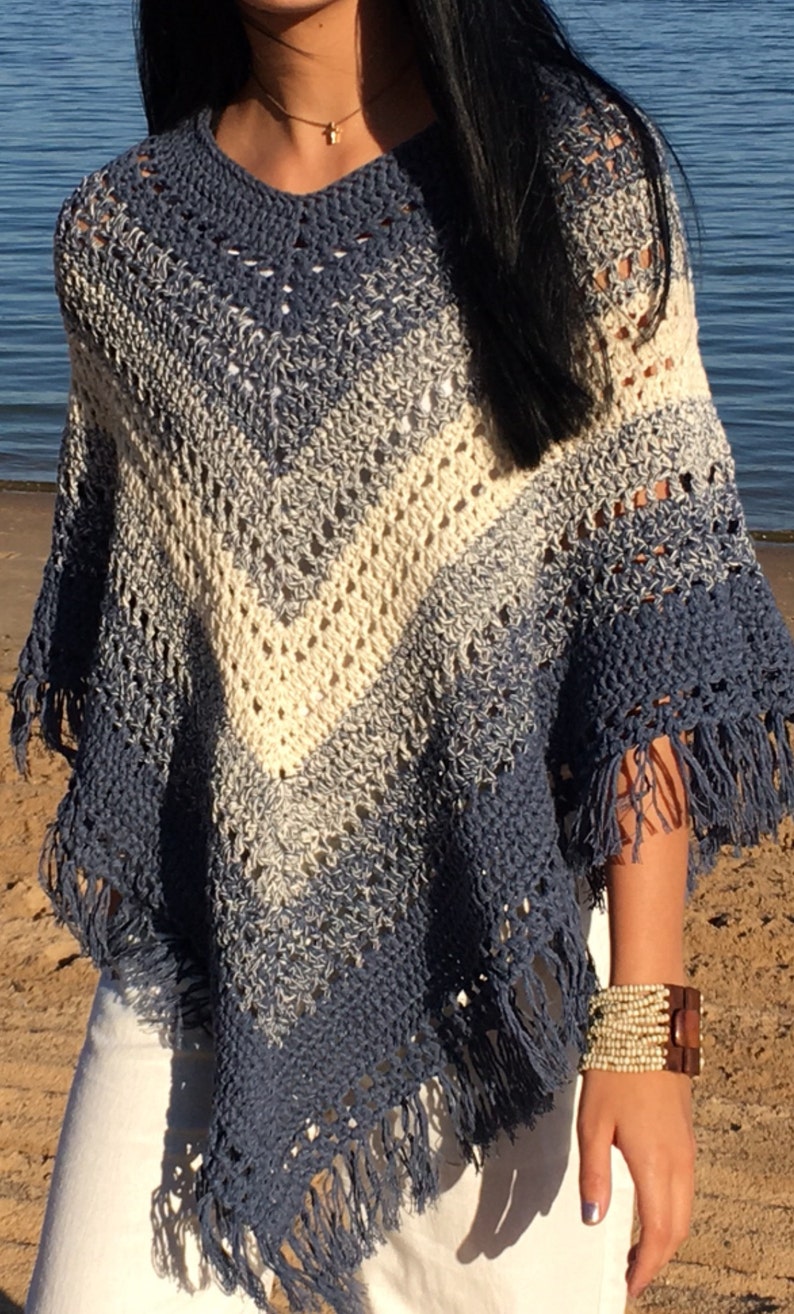 Easy Hippie Poncho Pattern Blue and Cream Boho Poncho Crochet Pattern