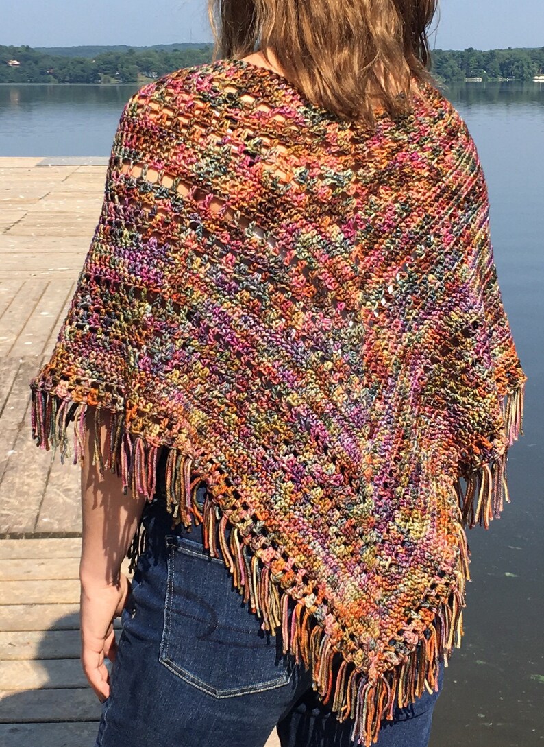 Easy Hippie Poncho Pattern Blue and Cream Boho Poncho Crochet Pattern