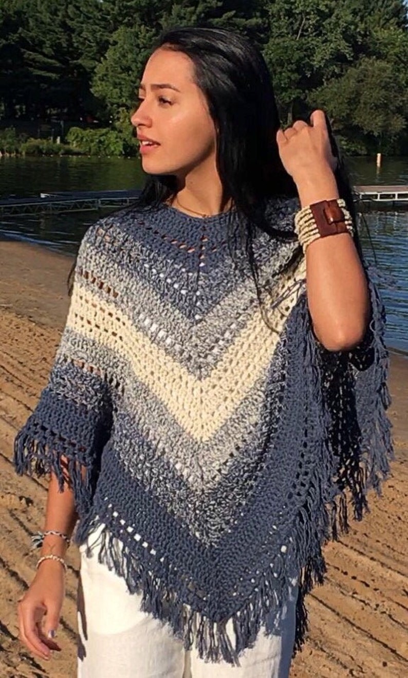 Easy Hippie Poncho Pattern Blue and Cream Boho Poncho Crochet Pattern