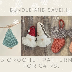 Pode incluir: Pacote e poupe! Três padrões de crochê por $ 4,98. Os padrões incluem um enfeite de árvore de Natal, um enfeite de gnomo e um enfeite de meia.