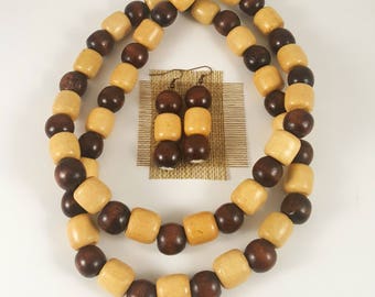 Brown and cream bead necklace and earing set