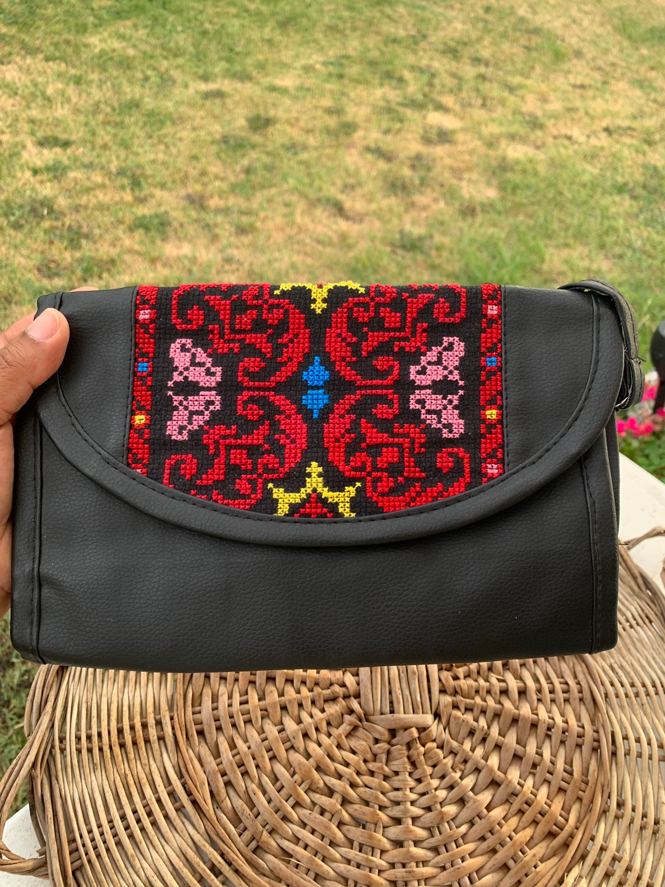 Palestinian Embroidery and Suede Crossbody Tote Bag with Tatreez