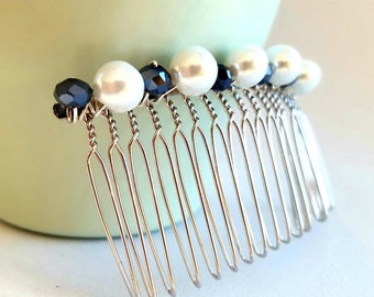 A silver pearl hair comb, silver and pearl beaded hair comb, prom hair comb, blue and silver hair comb, decorative hair comb, made in the UK