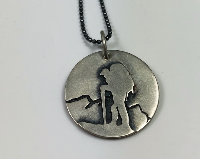 Hiker in the Mountains Round Pendant  (Custom order)