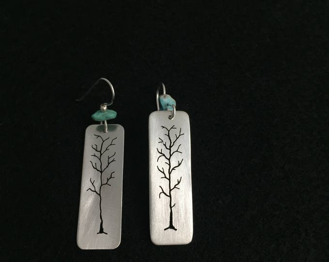 sterling silver hand pierced long rectangle tree earrings