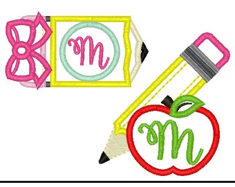 Pencil Applique, Pencil and Apple Applique, Embroidery, pencil monogram