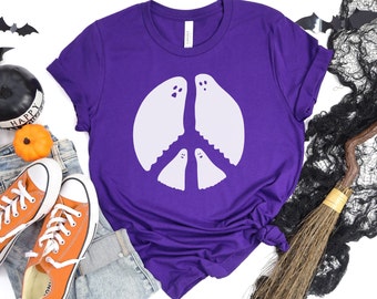 Ghost Peace Sign Shirt|Retro Halloween Unisex Tee|Cute Ghost Short Sleeve Shirt|Halloween Gift