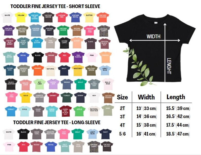 May include: A variety of toddler fine jersey t-shirts in various colors, including white, yellow, and navy. The image displays short and long sleeve options, with size, width (13"-16" or 33-41 cm), and length (15.5"-18.5" or 39-47 cm) measurements.